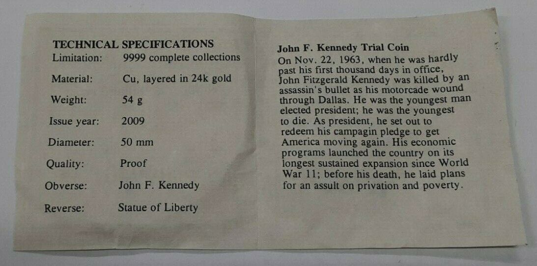 John F. Kennedy American Mint Gold Plated Trial Dollar Commemorative in W/COA