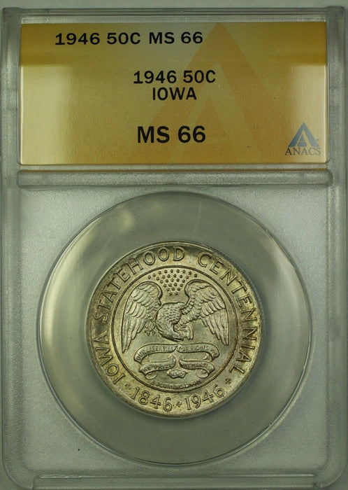 1946 Iowa Commemorative Silver Half Dollar 50c Coin ANACS MS-66 Toned GEM BU