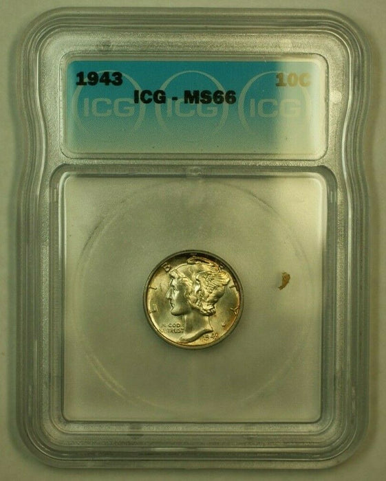 1943 Silver Mercury Dime 10c Coin ICG MS-66 (2a) Lightly Toned