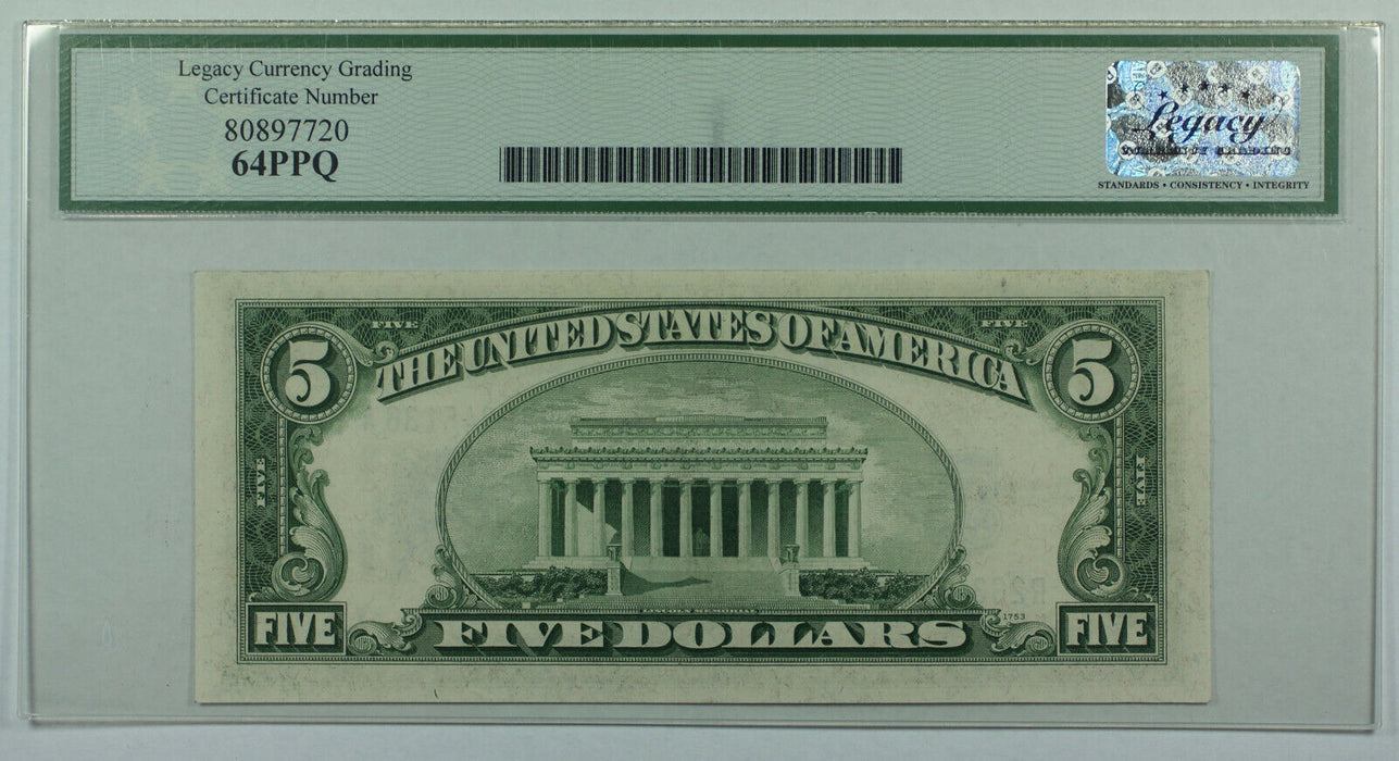 1934-D $5 Five Dollar Silver Certificate Wide I Fr. 1654 Legacy Choice 64 PPQ
