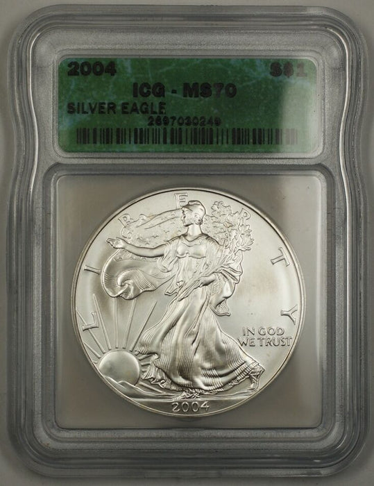2004 1 Oz 999 American Silver Eagle ICG MS-70 BU ASE Coin