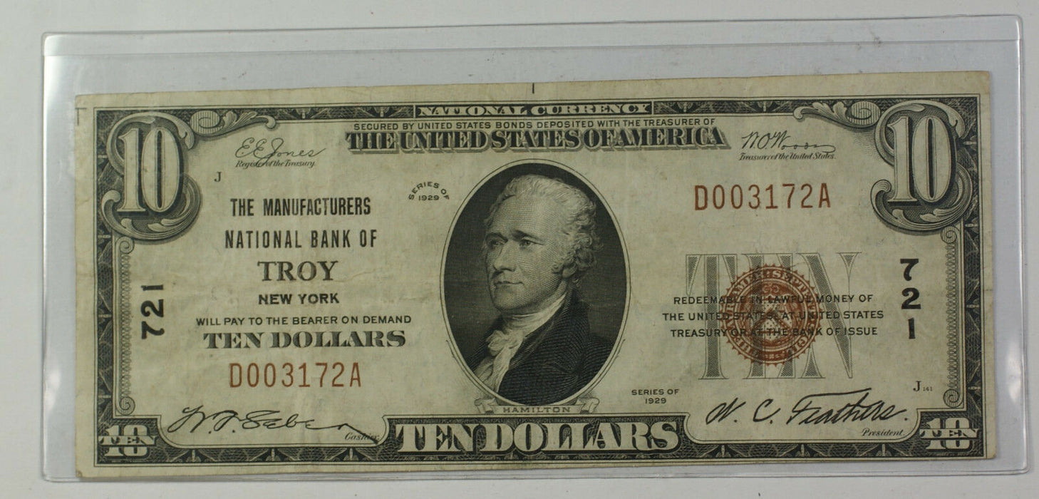Series 1929 Type 1 $10 National Currency Banknote Troy, New York Charter 721 (B)