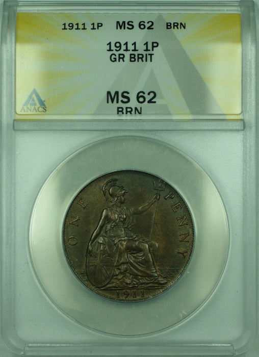 1911 1P Great Britian ANACS MS 62 BRN 1 Penny Bronze Coin KM#810