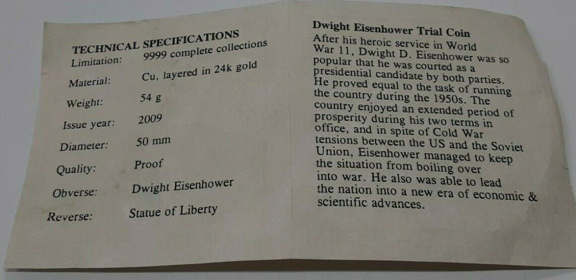 Dwight Eisenhower American Mint Gold Plated Trial Dollar Commemorative in W/COA