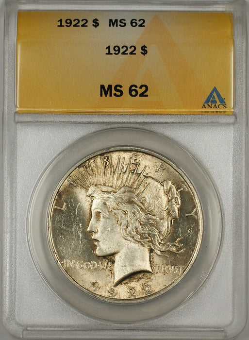1922 Peace Silver Dollar $1 ANACS MS-62 Toned (Better Coin) (10b)