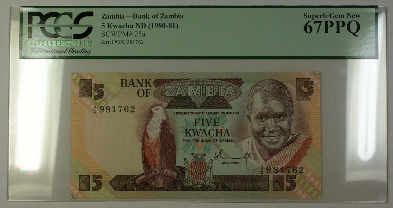 (1980-81) No Date Bank of Zambia 5 Kwacha Note SCWPM# 25a PCGS Superb Gem 67 PPQ
