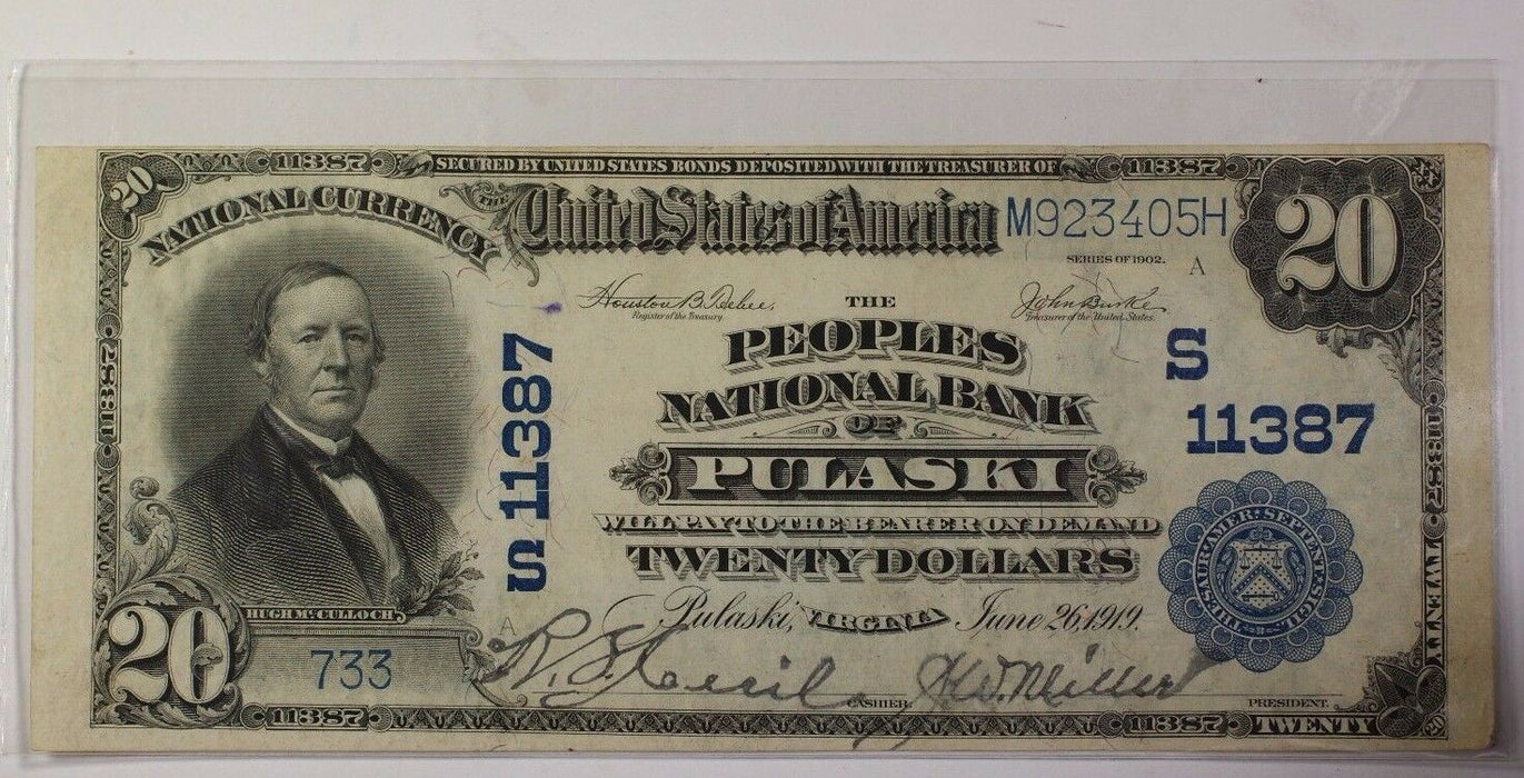 US $20 National Banknote Series 1902 Bank of Pulaski Virginia Serial #9012