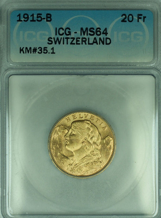 1915-B Switzerland 20 Francs Gold Coin ICG MS 64
