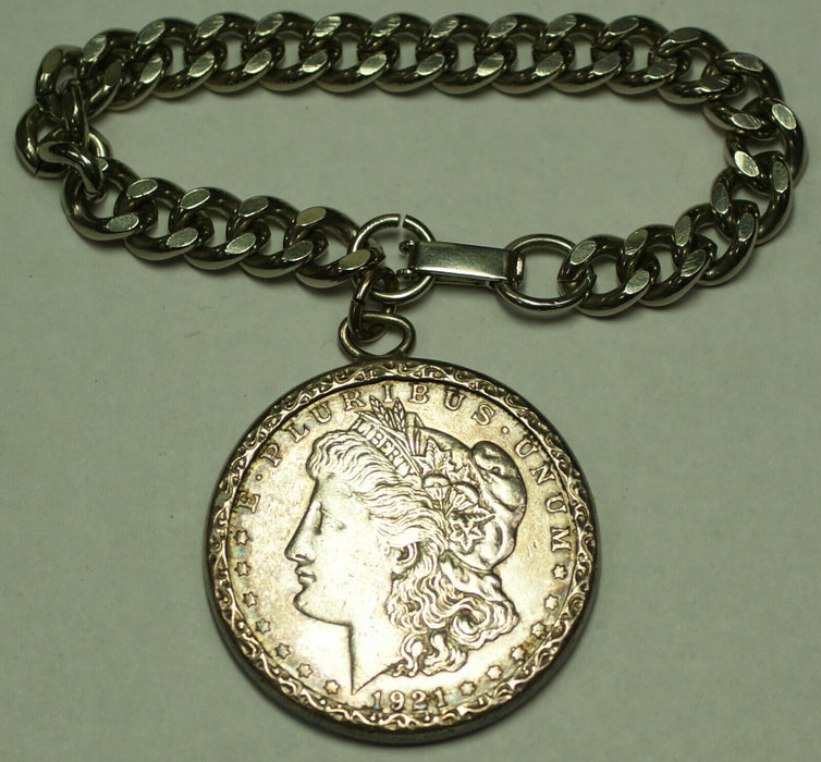 1921 Morgan Silver Dollar $1 Coin Bracelet with Engraved Silver Bezel