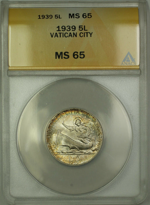 1939 Vatican City Silver 5 Lire ANACS MS-65