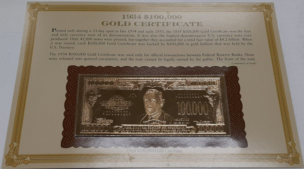 Danbury Mint 1934 $100000 Gold Certificate Note in Info Card