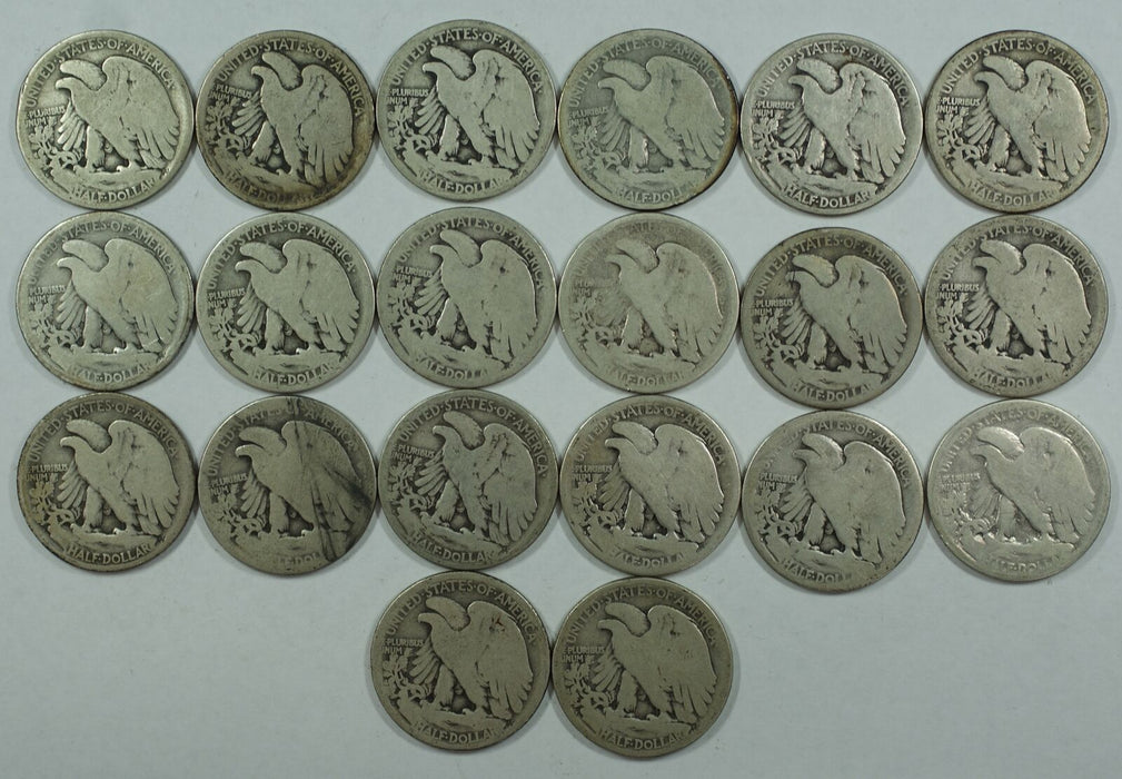 1921-S Walking Liberty Half Dollar 50c Roll 20 Circulated 90% Silver Coins Lot