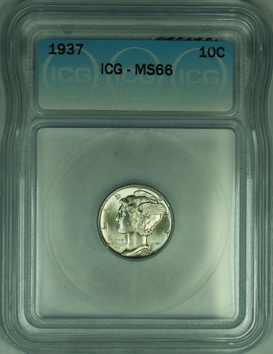 1937 Mercury Silver Dime 10c Coin ICG MS-66 (Looks Full Split Bands) (53B)