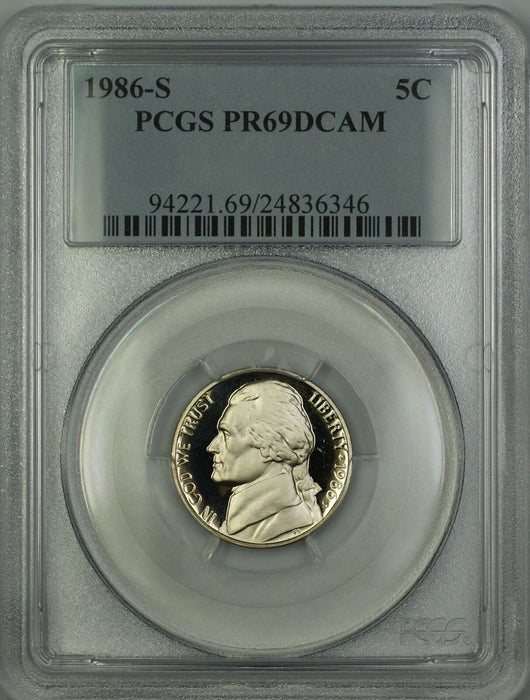 1986-S Proof Jefferson Nickel 5c Coin PCGS PR-69 Deep Cameo
