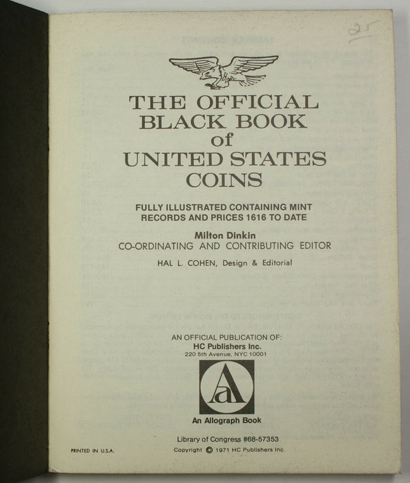 Milton Dinkun Official 1971 Black Book of United States Coins Eighth Edition