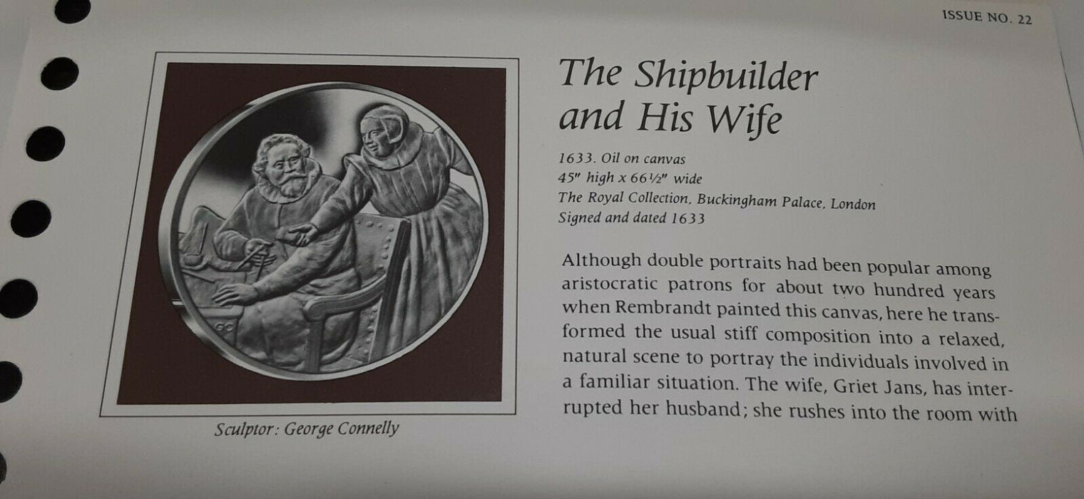 Franklin Mint Genius/Rembrandt PR .925 Silver Medal-Shipbuilder & Wife in Card