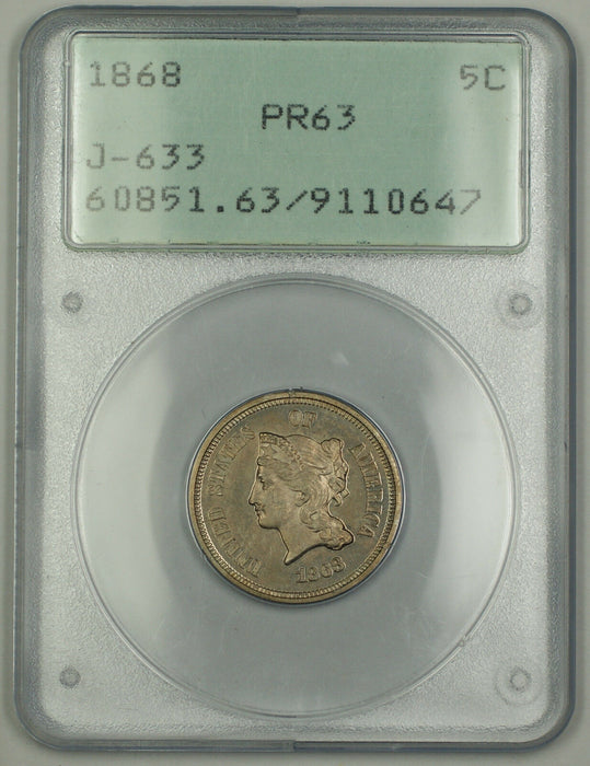 1868 Liberty Head V Nickel Pattern 5c Coin J-633 Judd PCGS PR-63 OGH Rattler CM