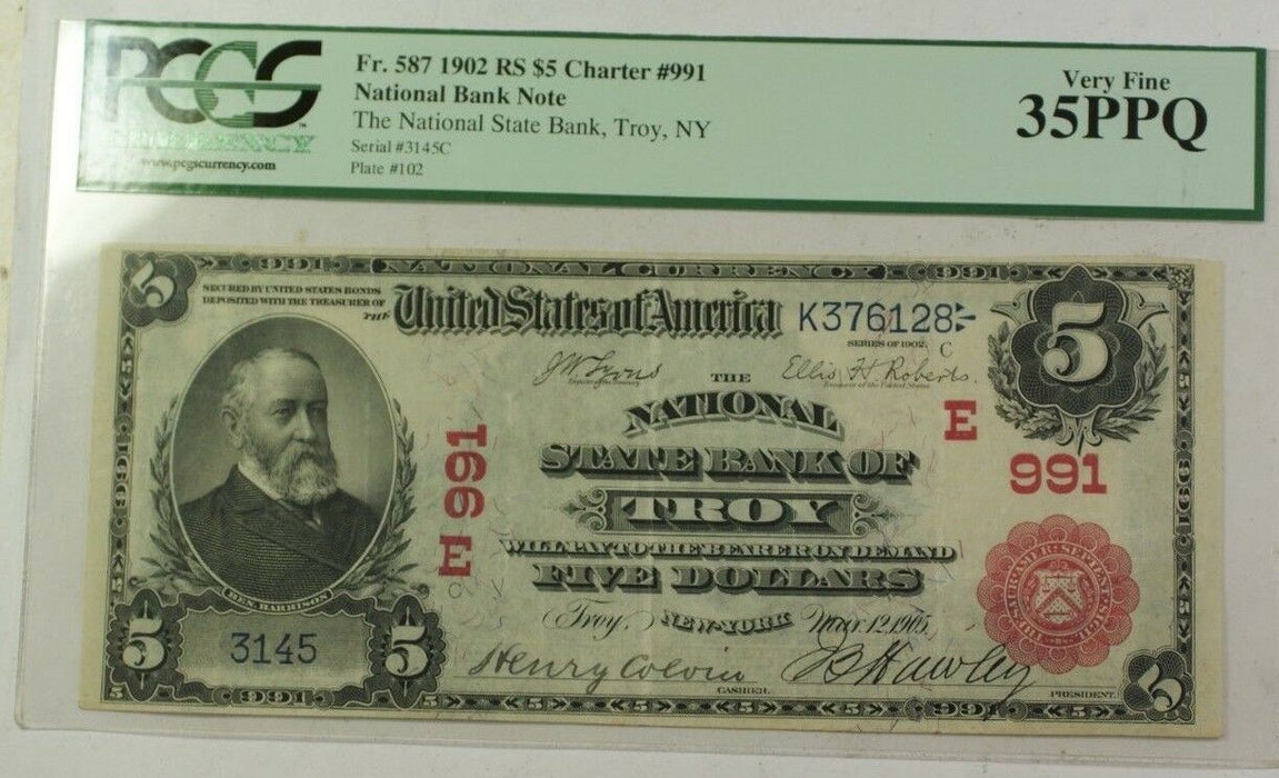 National State Bank of Troy NY 1902 $5 Red Seal Note Fr. 587 #991 PCGS VF-35PPQ