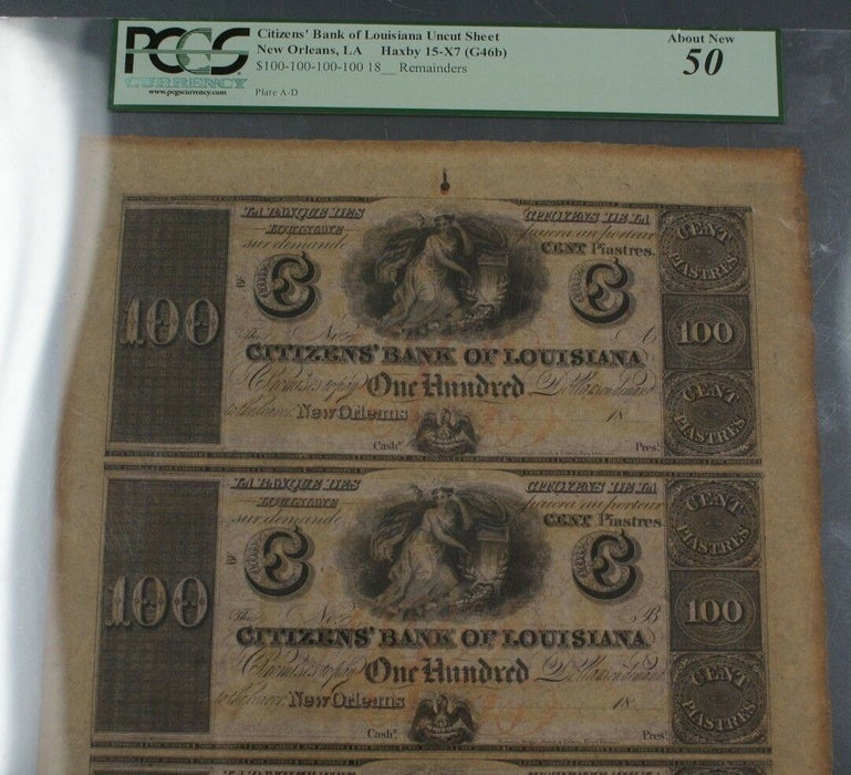 Citizens' Bank of Louisiana $100 Uncut Sheet New Orleans LA Haxby 15-X7 PCGS 50