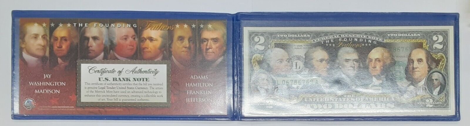 CU Colorized $2 FRN Commemorating the Founding Fathers in Info Folder
