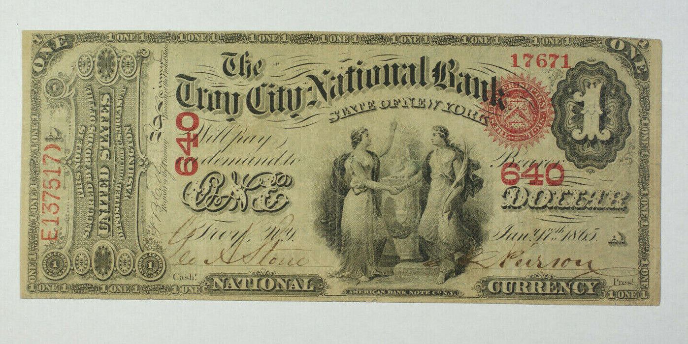 1865 $1 One Dollar National Currency Note Bank Troy City New York NY 640