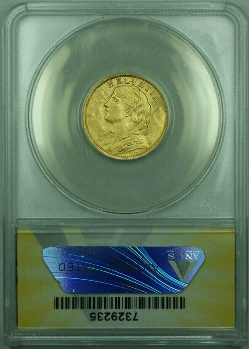 1909-B Swiss 20 Francs Switzerland Gold Coin ANACS MS-64