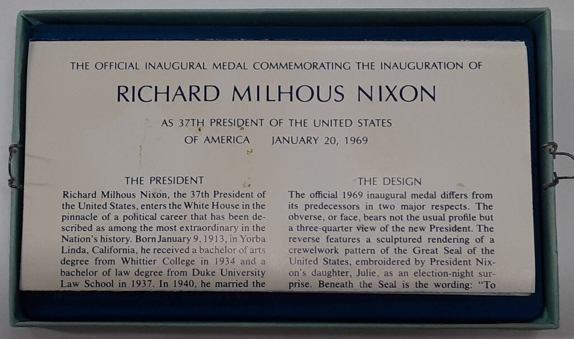 1969 Richard Nixon Inaugural .999 Silver Medal 4.46 Oz by MACo. W/Tarnish