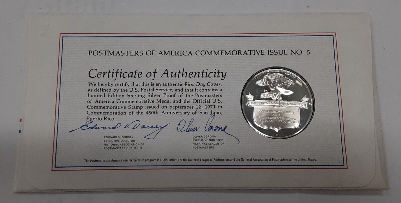 1971 Postmasters Of America Commemorative Silver Medal 450th Anniv of San Juan