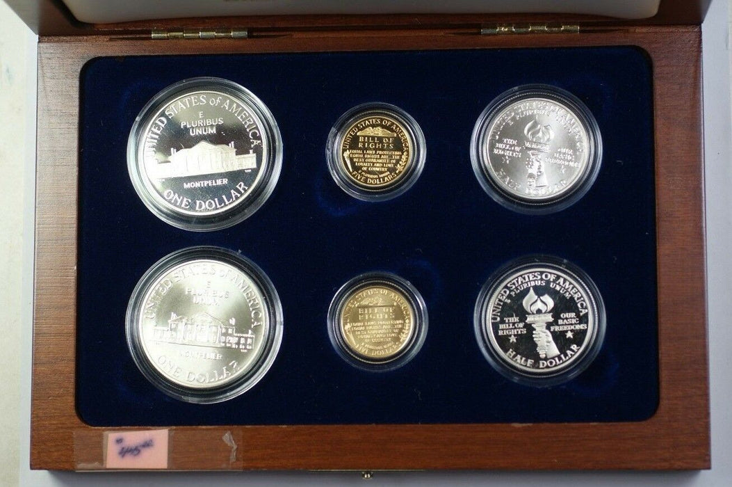 1993 Bill of Rights Commem $5 $1 50c Proof & UNC Gold Silver Clad 6 Coin Set JAH