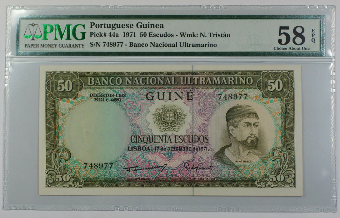 1971 Portuguese Guinea 50 Escudos Note Pick# 44a PMG 58 Choice About UNC EPQ