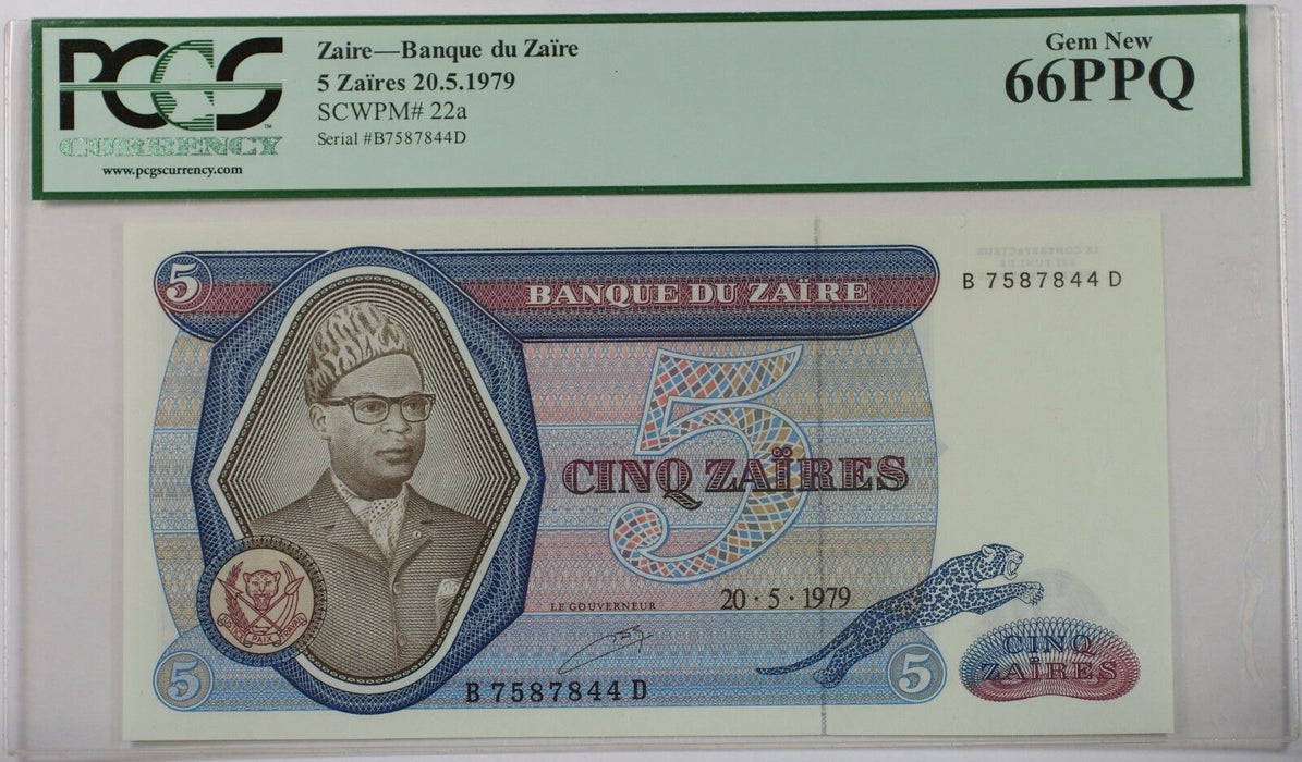 20.5.1979 Bank of Zaire 5 Zaires Note SCWPM# 22a PCGS 66 PPQ Gem New