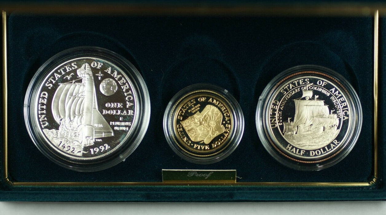 1992-W & S Gold $5 Silver $1 50 Cents Columbus Commem 3 Coin Proof Set in OGP