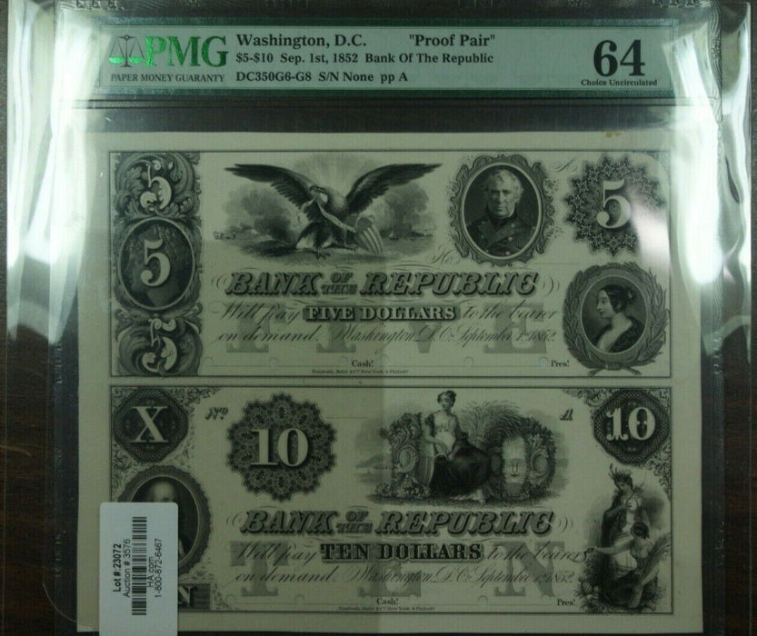 1852 $5 & $10 Washington, DC "Proof Pair" Bank of the Republic Currency PMG 64