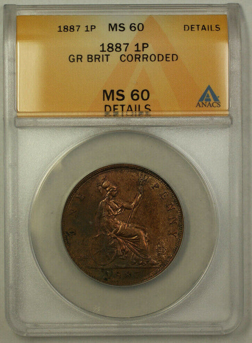 1887 Great Britain 1 Penny Coin Queen Victoria ANACS MS 60 Details Corroded