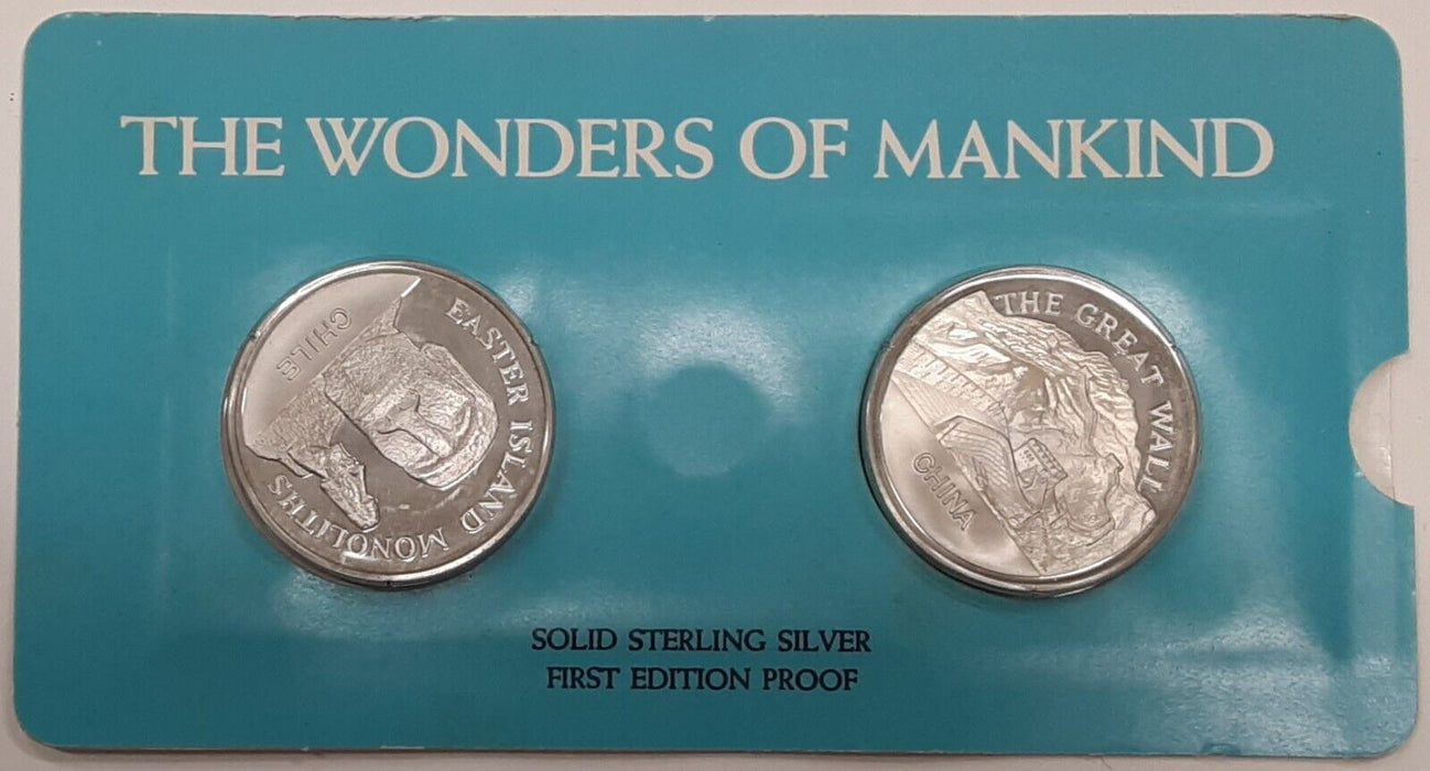 1972 Wonders/Mankind Silver 2 Medal Set Franklin Mint   Easter Island/China