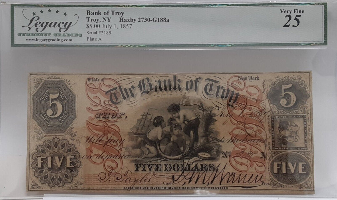 July 1, 1857 Issue Bank of Troy, NY $5 Note  Legacy VF-25 w/Comments