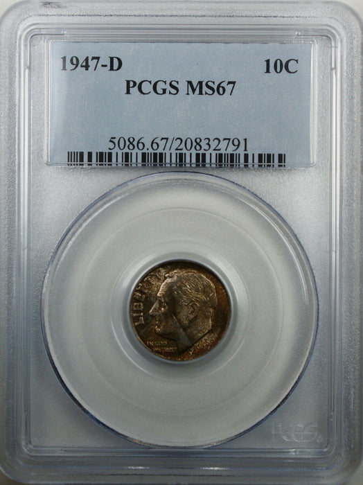1947-D Silver Roosevelt Dime, PCGS MS-67, Brilliant Coin, Toned