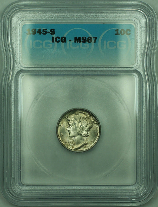 1945-S Mercury Silver Dime 10c Coin ICG MS-67 Lightly Toned