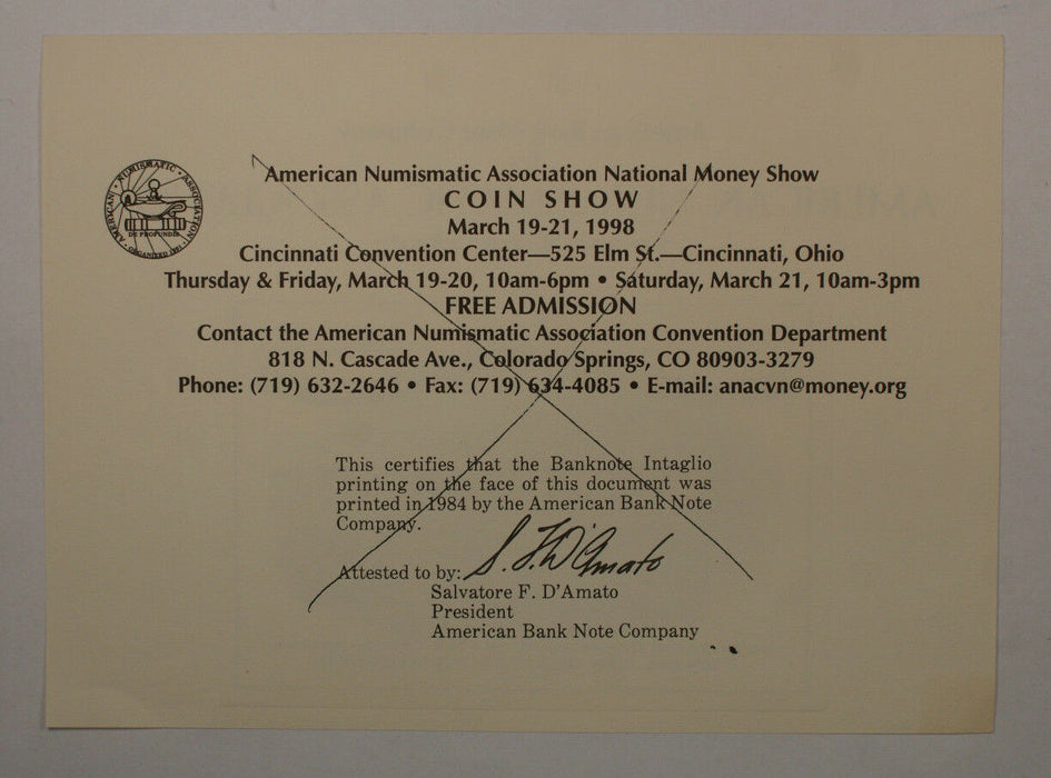 American Bank Note Company ANA Colorado National Bank 1998 Souvenir Card