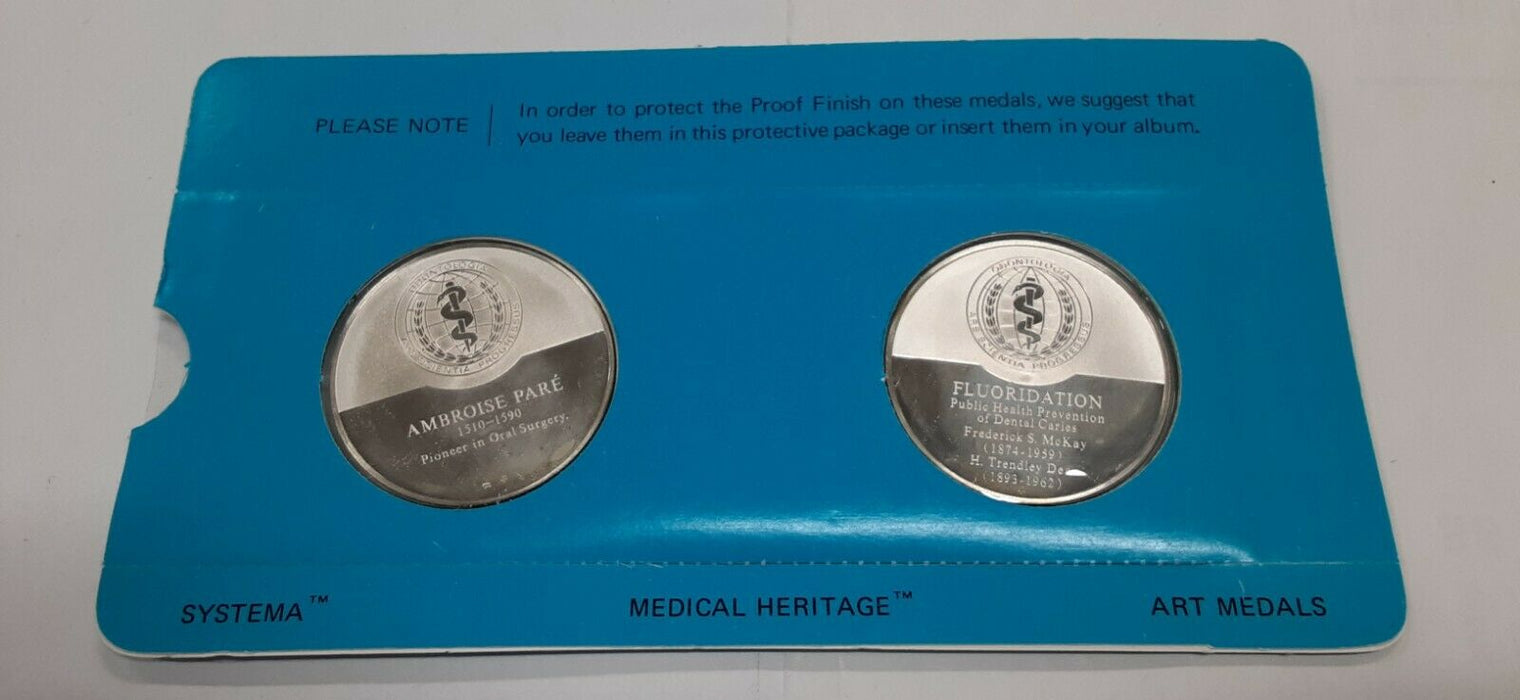 History of Dentistry .925 Silver PF Medals Franklin Mint- A. Pare/Fluordation