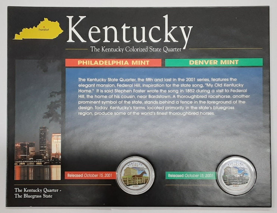 (2) 2001 Kentucky Colorized State Quarter P&D-BU-w/Colorful Display Card