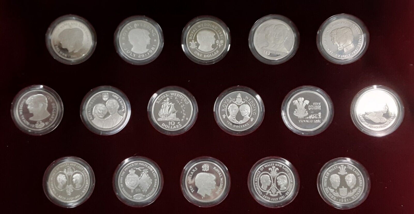 1981 Royal Marriage 16 Sterling Silver Proof Coin Commemorative Set In Case