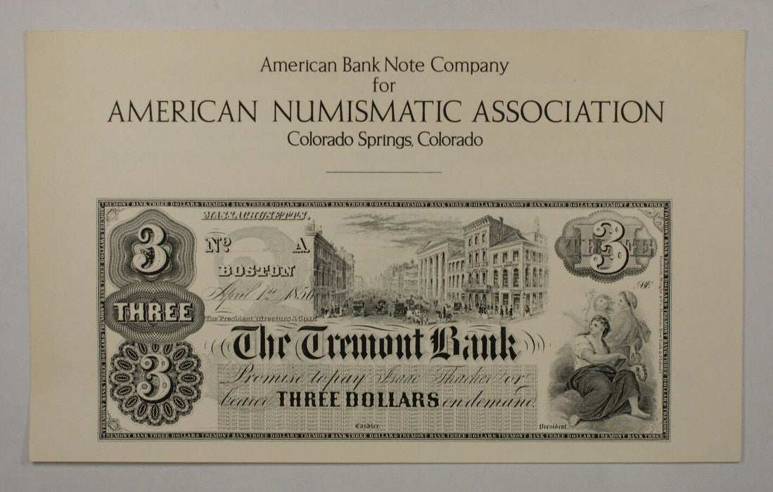 ANA Colorado Springs ABNC 3 Dollars The Tremont Bank Souvenir Card