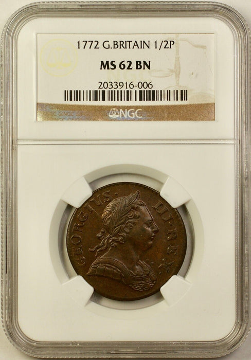 1772 Great Britain 1/2 Half Pence Coin NGC MS-62 BN Brown Better Coin AKR