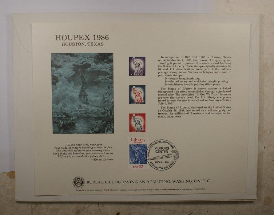 BEP card B 97 Houpex 1986 three Statue of Liberty visitor cancelled ERROR