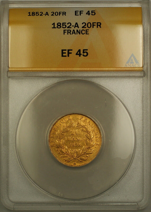 1852-A France 20 Fr Francs Gold Coin ANACS EF-45