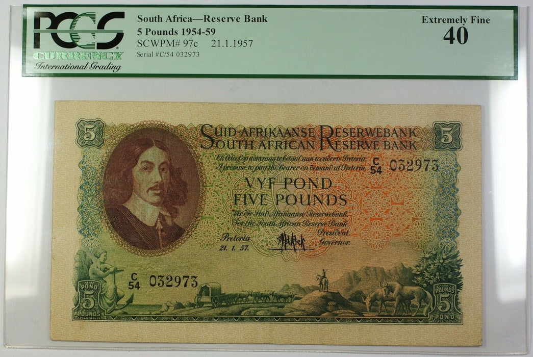 1954-59 21.1.1957 South Africa 5 Pounds Bank Note SCWPM# 97c PCGS EF-40 (A)