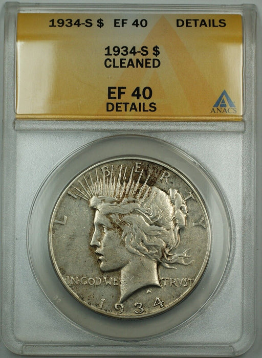 1934-S Silver Peace Dollar Coin $1 ANACS EF-40 Details Cleaned GK