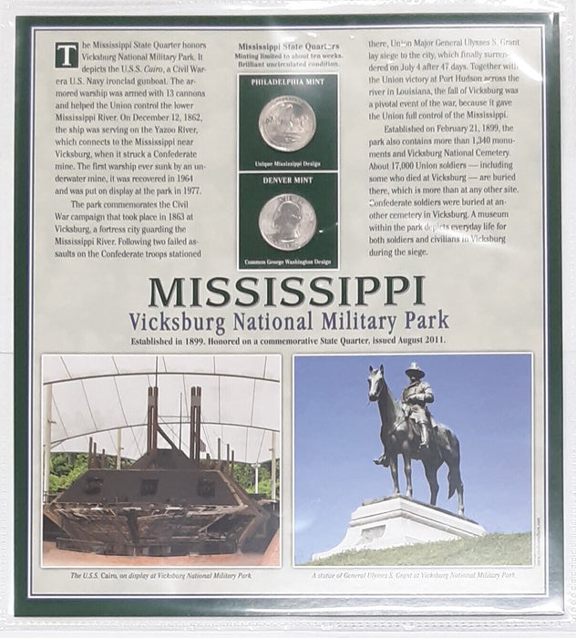 2011 Mississippi Vicksburg National Mil Park Quarter P&D w/2 Stamps Display Card