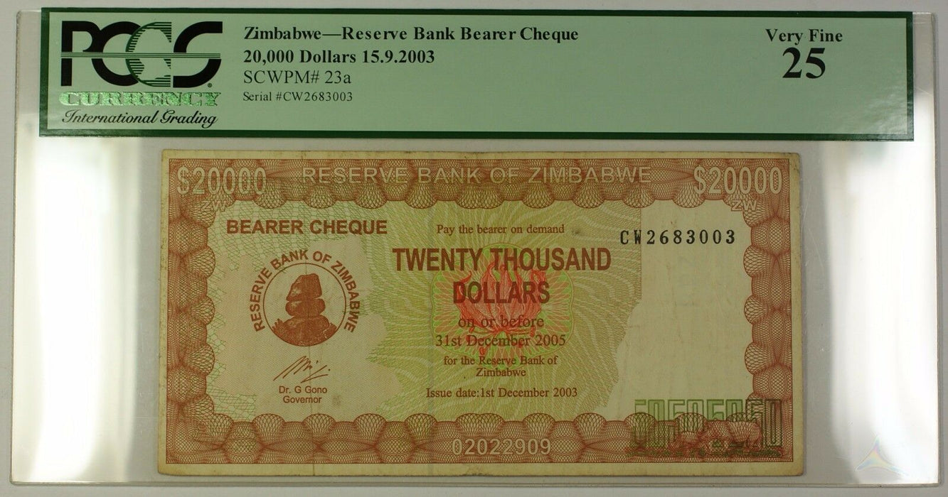 15.9.2003 Zimbabwe Reserve Bank Bearer Cheque $20,000 Note SCWPM# 23a PCGS VF-25